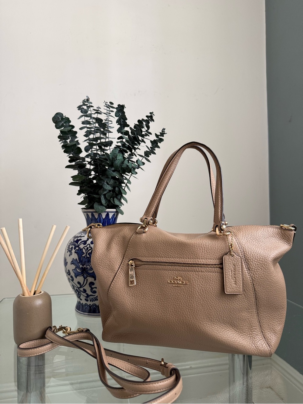 Coach Taupe Pebbled Leather Satchel with Gold Hardware